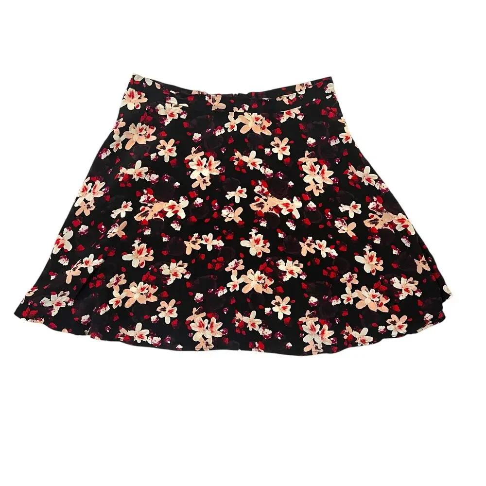 Amour Vert (M) Leeron Silk Floral Mini Skirt - Flowy Zip Closure Thin Waistband